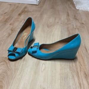 Salvatore Ferragamo Blue Peep-Toe Wedges